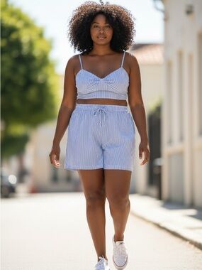 SHEIN Blue & White Striped Two-Piece Swim Coverup Set, Summer Beach Outfit